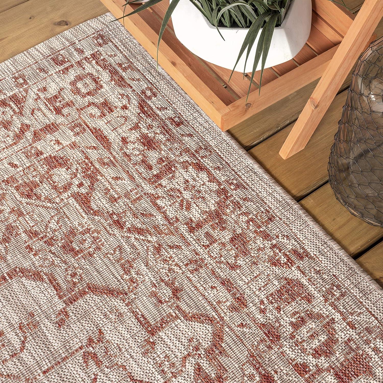 5' Square Rozetta Boho Medallion Textured Weave Indoor/Outdoor Area Rug, Red/Taupe - JONATHAN Y