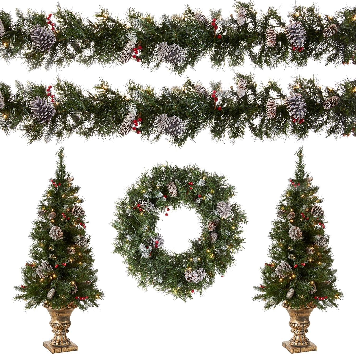 Pre-Lit Frosted Pine Cone Christmas Decor Set with Lights