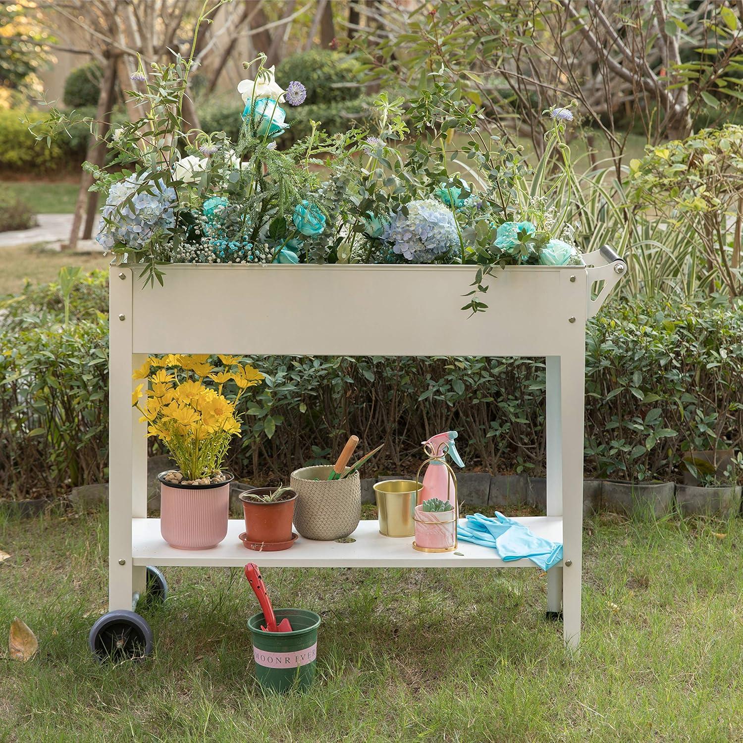 Elevated White Metal Mobile Planter Cart with Storage Shelf