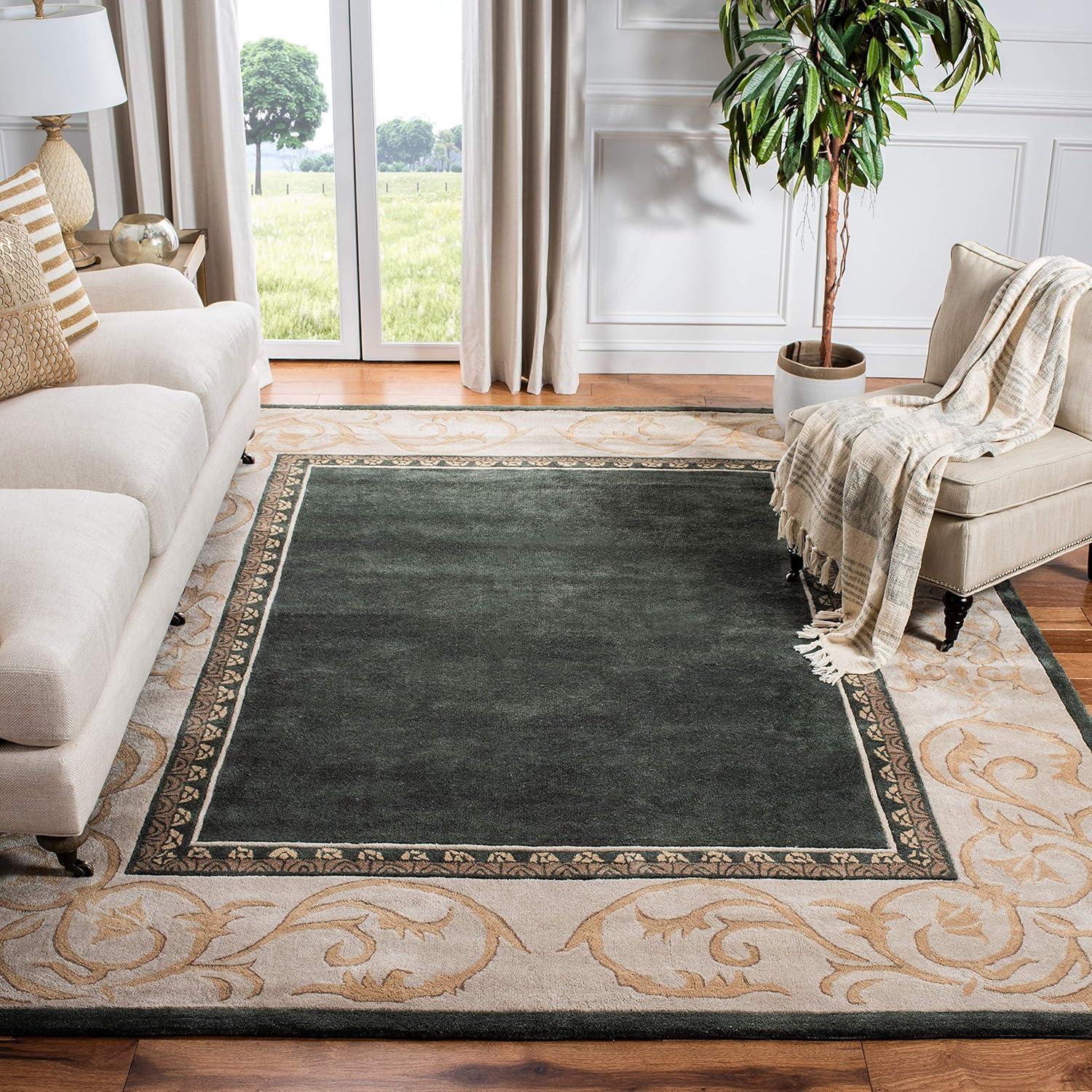 Hand-Knotted Green and Ivory Wool Area Rug, 8' x 10'