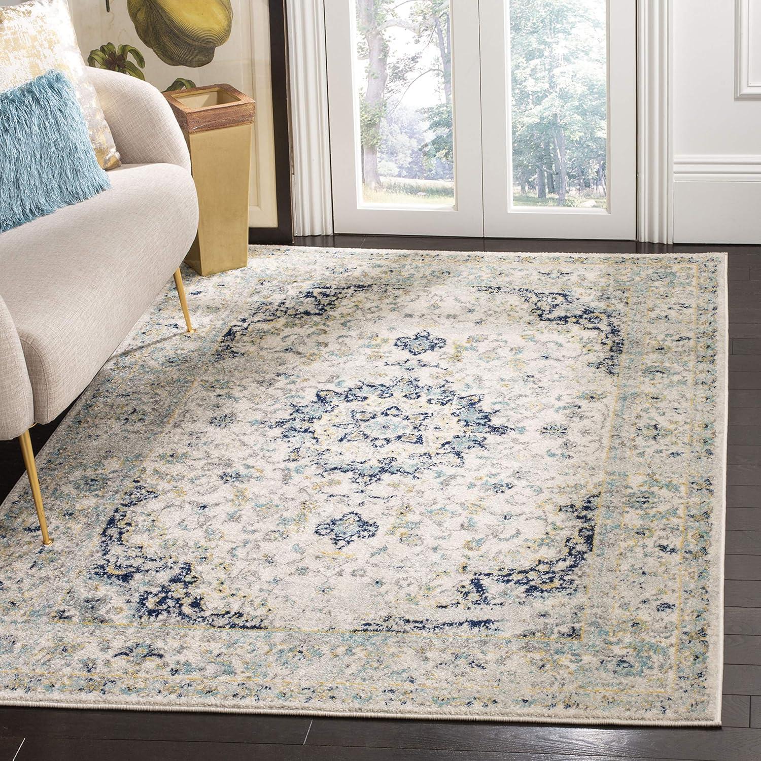 SAFAVIEH Madison Mattie Overdyed Floral Area Rug, Ivory/Blue, 5'3" x 7'6"