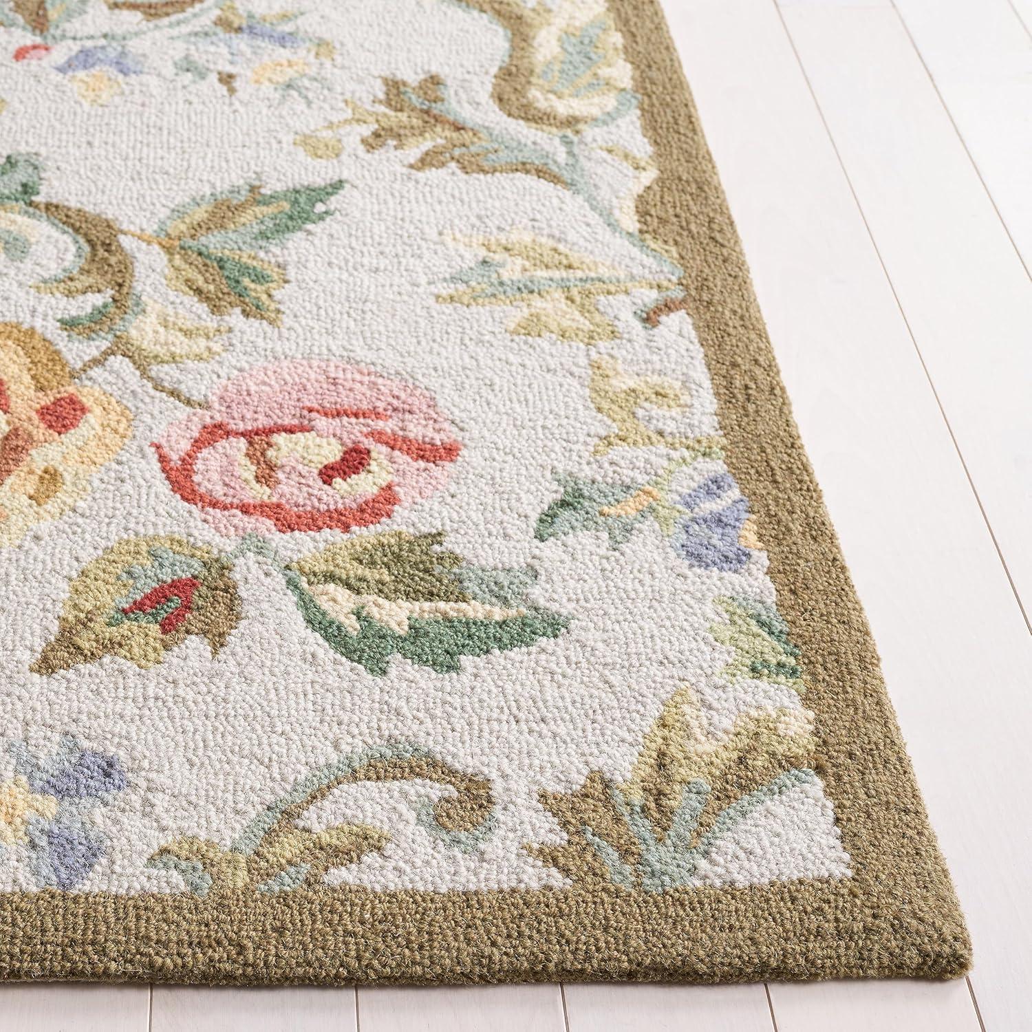 Handmade Ivory and Sage Floral Wool Rectangular Rug