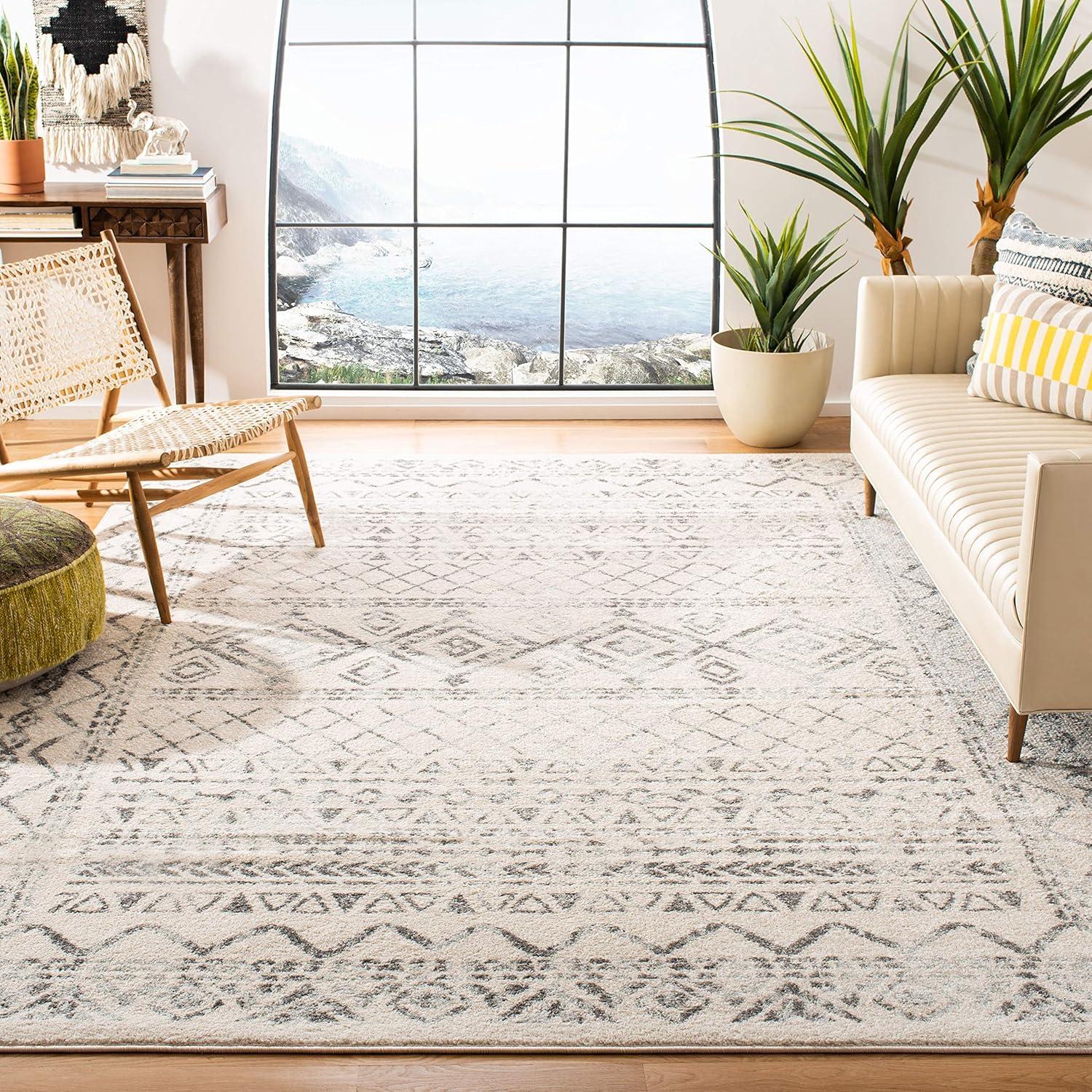 Ivory Rectangular 9' x 12' Stain-Resistant Synthetic Area Rug