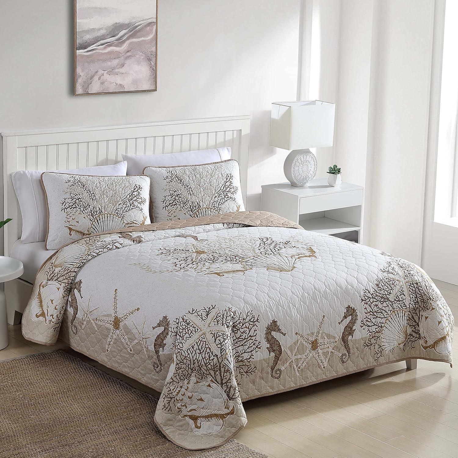 Caribbean Joe  Coastal 3PC Quilt Set Patterned Shell Navy - Full - Queen