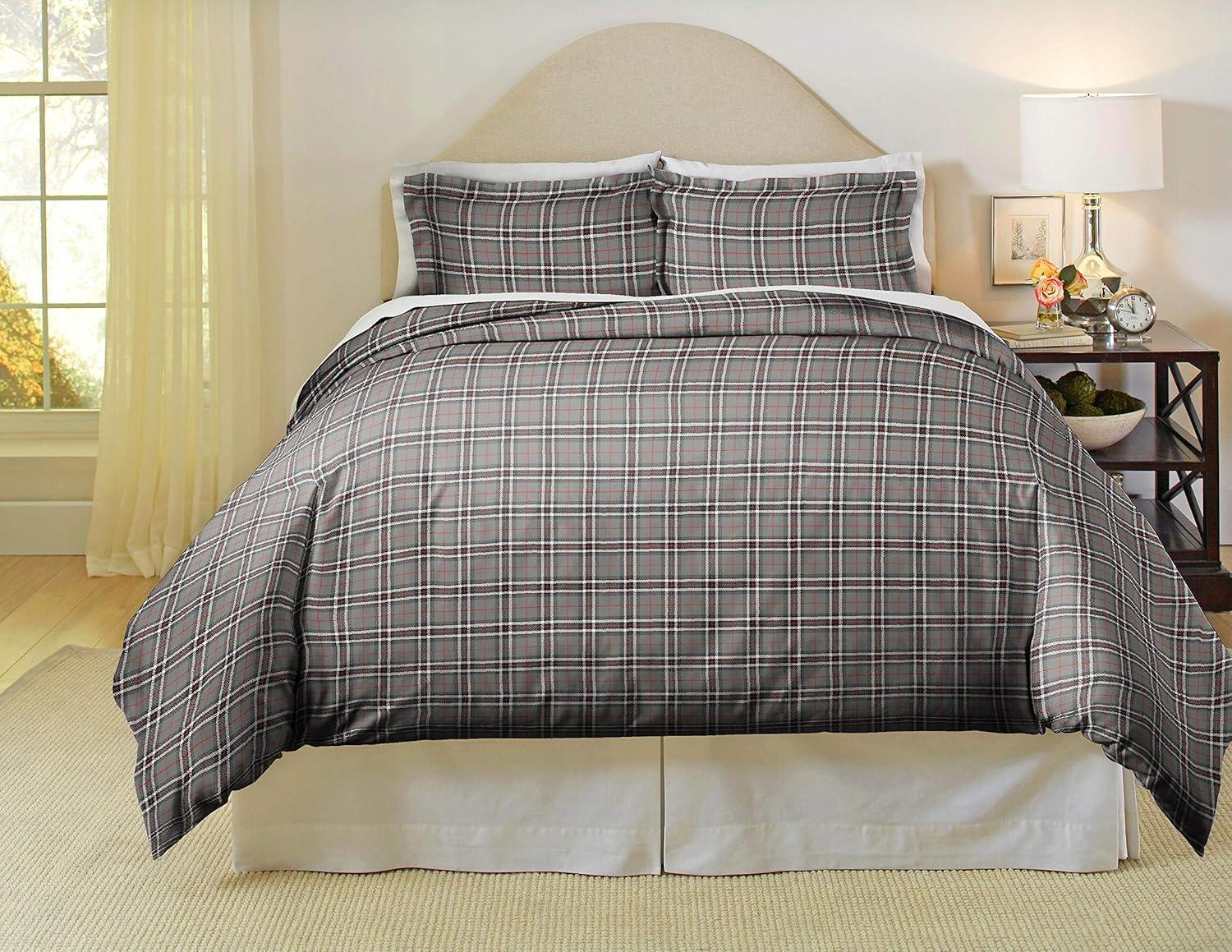 Twin/Twin XL Gray Plaid Cotton Flannel Duvet Set