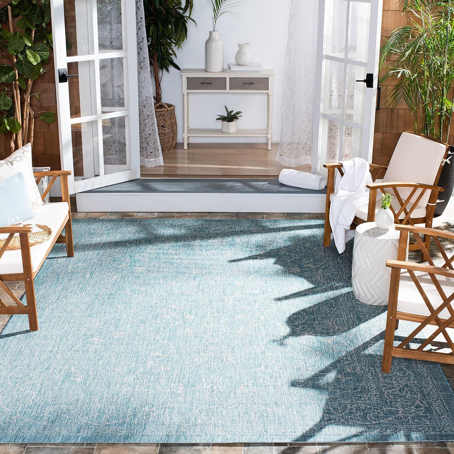 Aqua and Grey Synthetic Flat Woven Indoor/Outdoor Rug