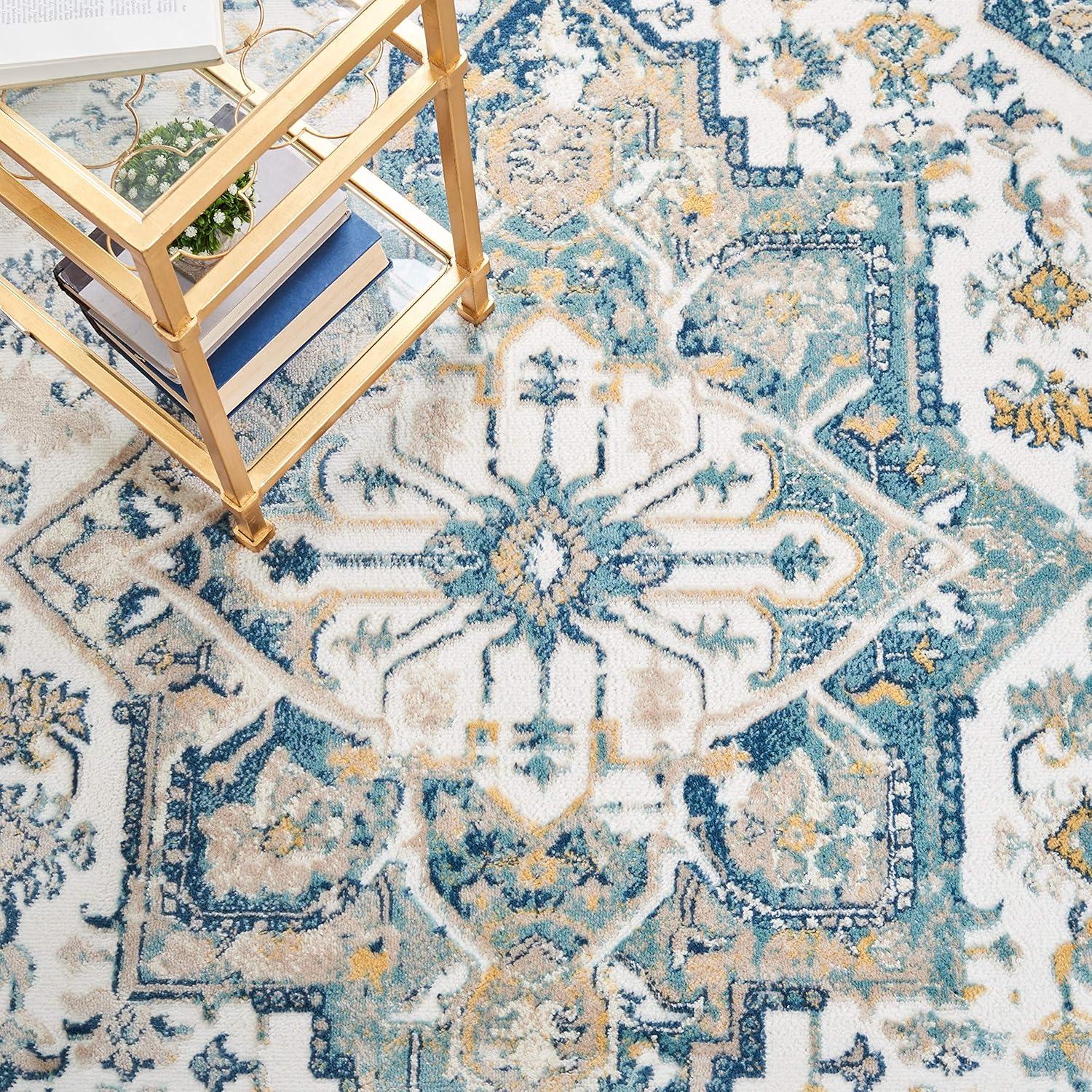 Ivory and Navy Square Medallion Stain-Resistant Synthetic Rug