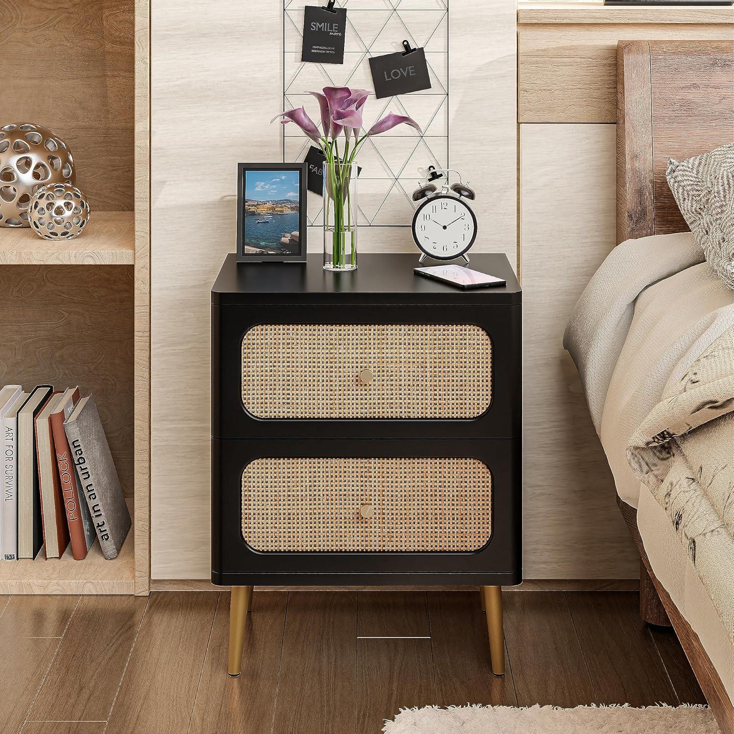 Black Wicker Rattan 2-Drawer Nightstand with Wooden Legs