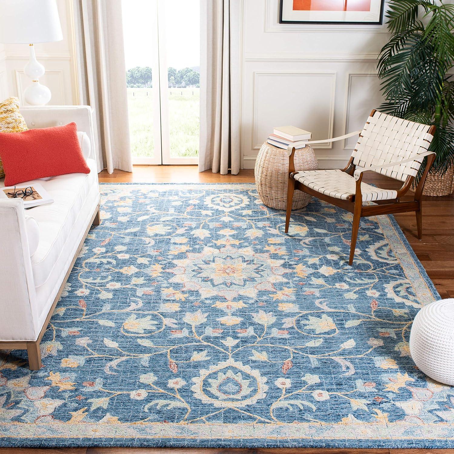 Blossom Navy Blue Handmade Wool Square Area Rug