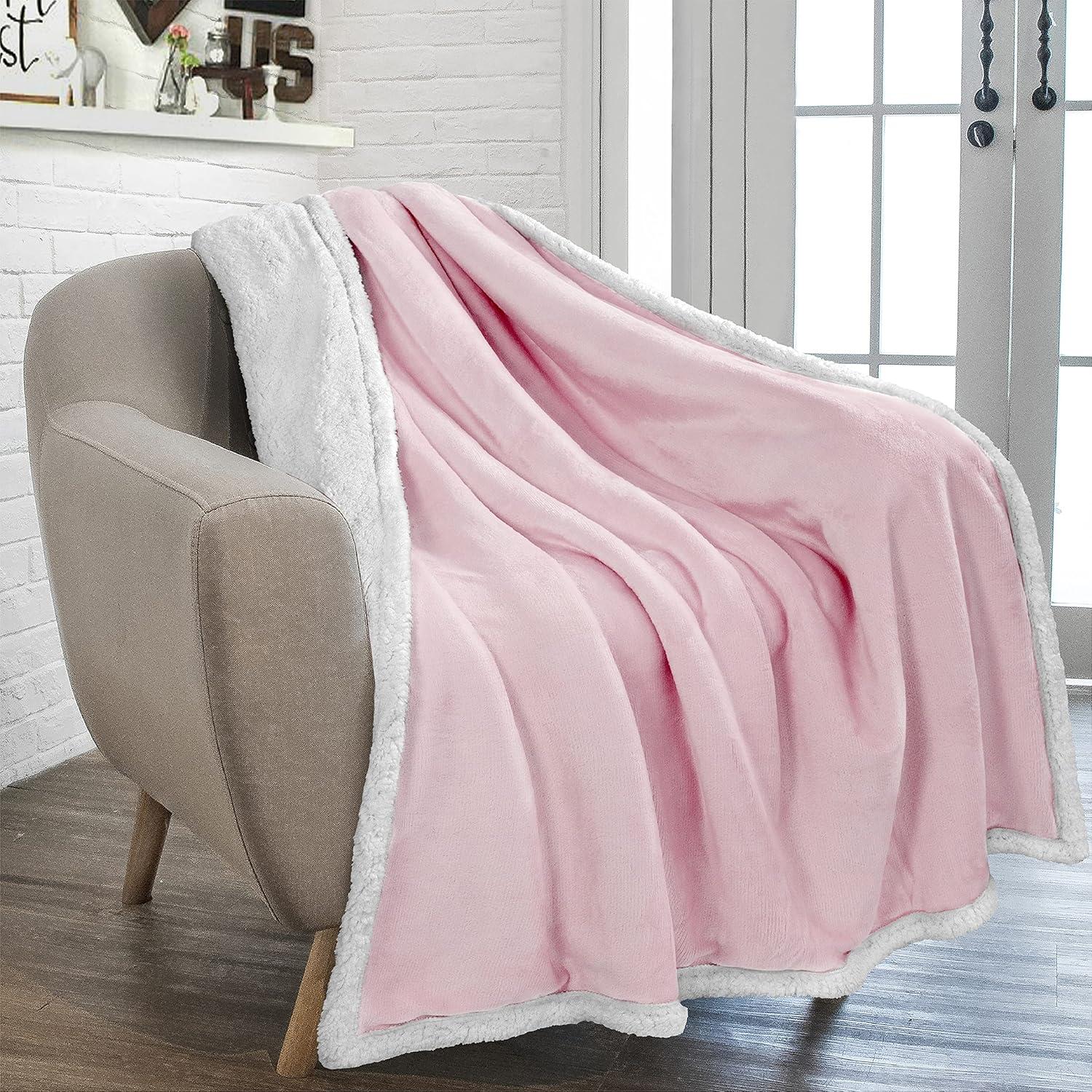 PAVILIA Premium Faux Shearling Fleece Throw Blanket for Bed, Reversible Warm Blanket for Couch Sofa