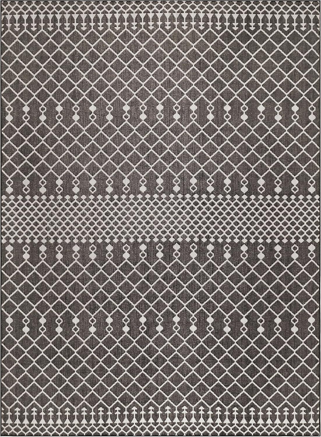 Nourison Positano Moroccan Trellis Flatweave Low Pile Indoor Outdoor Area Rug Black 8' x 10'