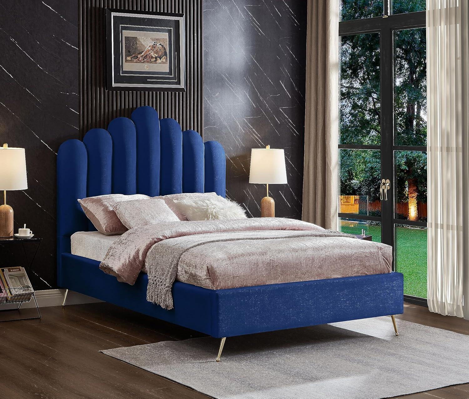 Meridian Furniture Lily Solid Wood and Tufted Velvet Full Bed in Navy