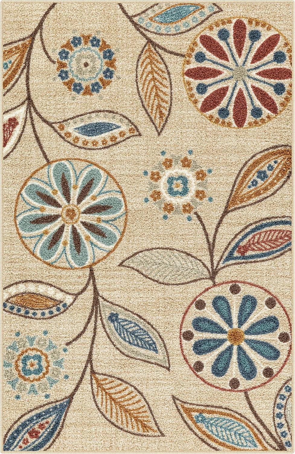 Beige Floral Rectangular Washable Synthetic Rug 3 x 4