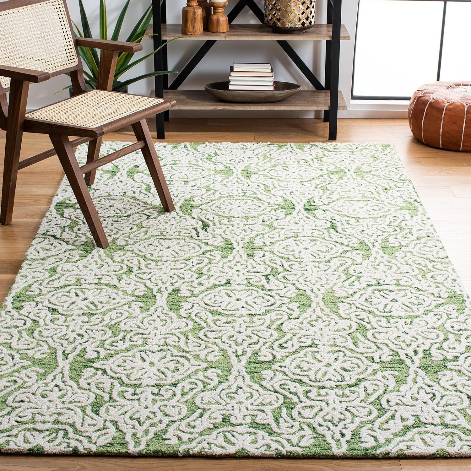 Ivory and Green Floral Handmade Wool Area Rug, 3' x 5'