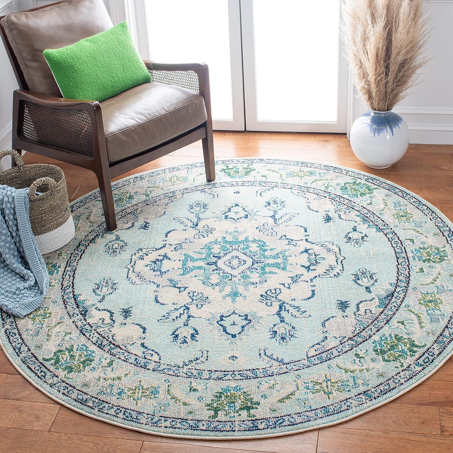 Ivory and Light Blue Round Medallion Synthetic Area Rug