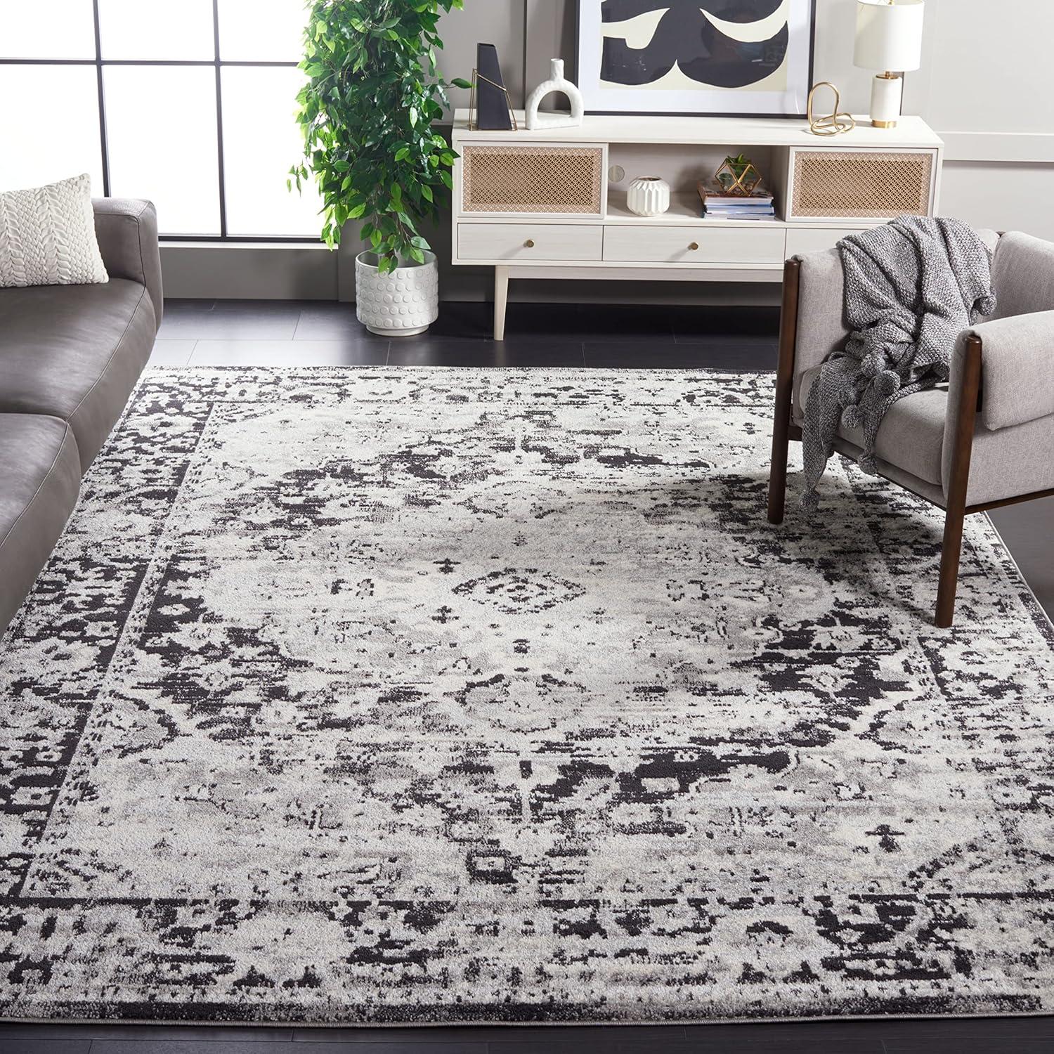 SAFAVIEH Madison Caden Floral Bordered Area Rug, Black/Grey, 9' x 12'