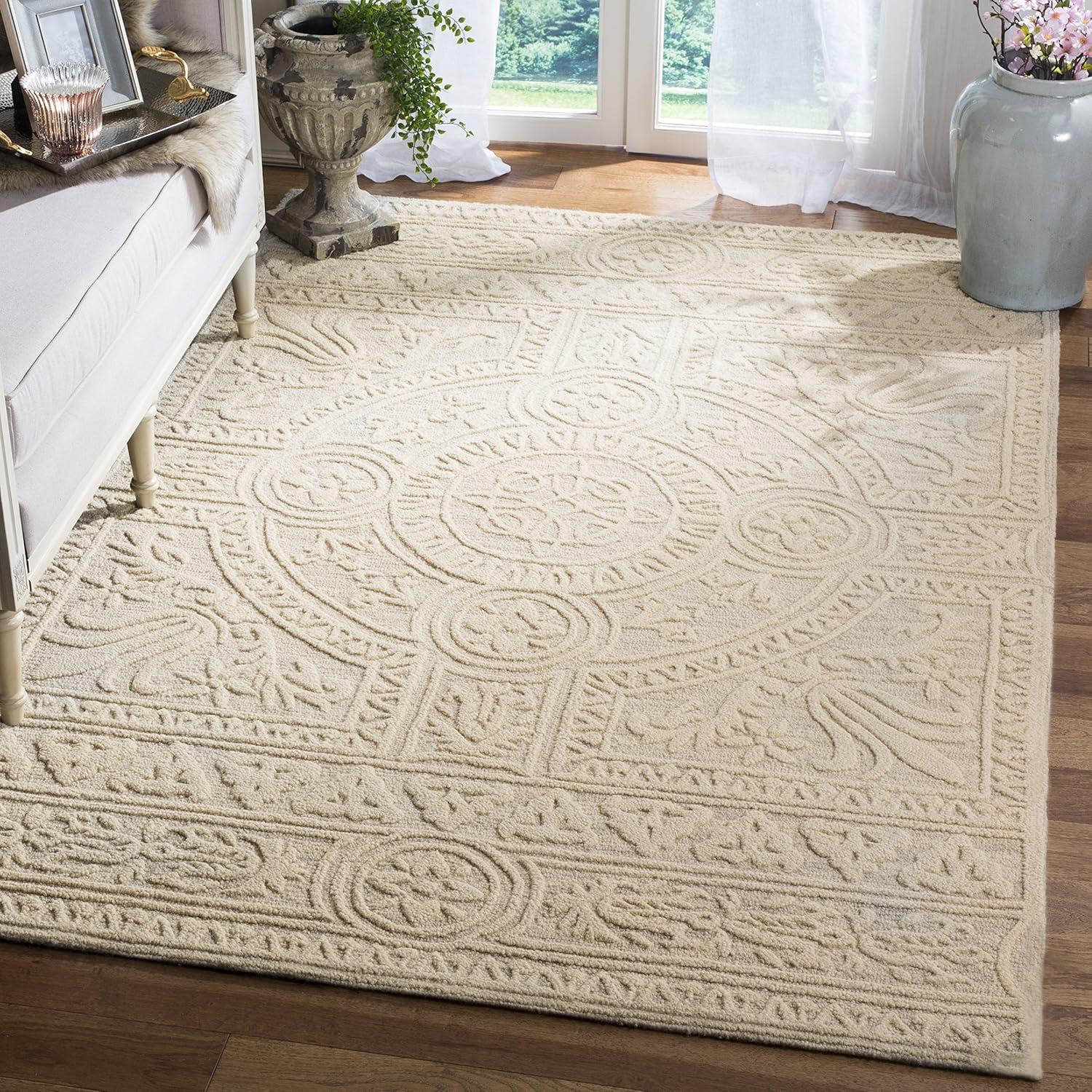 Light Gray and Ivory Wool Floral Rectangular Rug