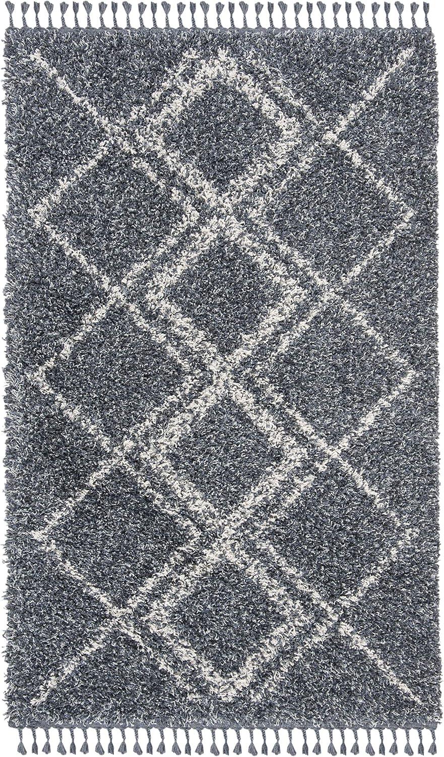 Boho-Chic Blue Geometric Shag Area Rug 5' x 8'