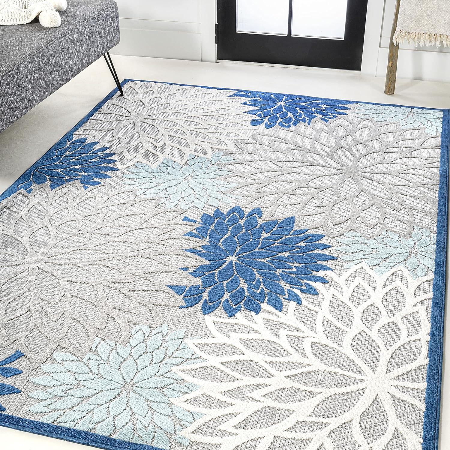 3'x5' Minori Floral Indoor/Outdoor Area Rug, Blue/Gray - JONATHAN Y