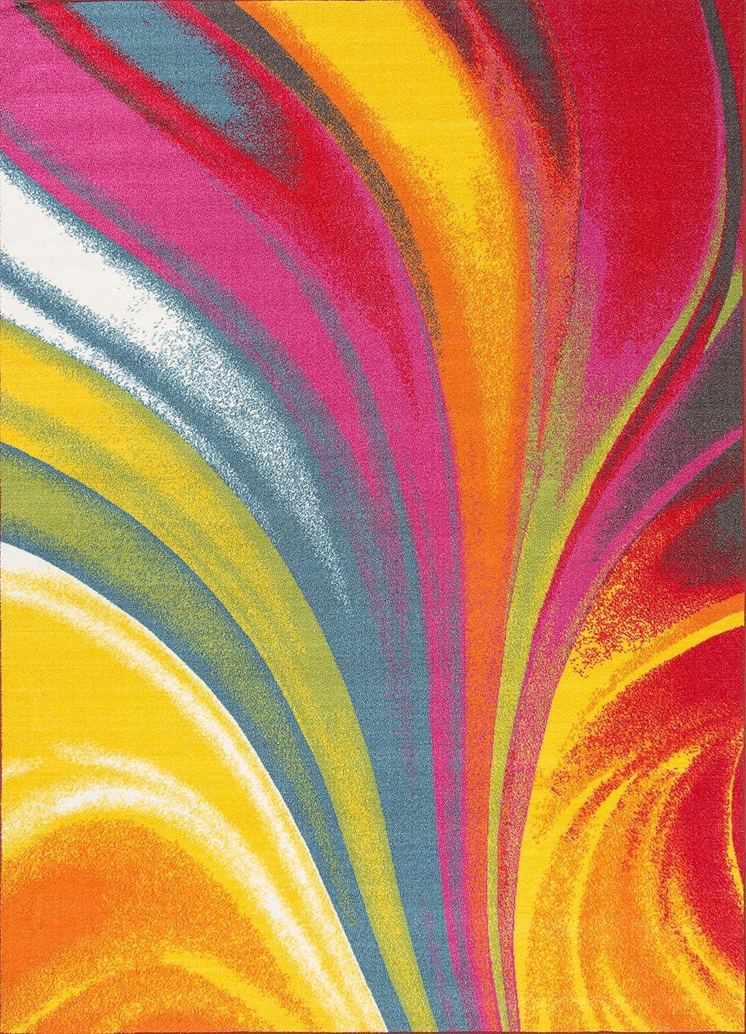 World Rug Gallery Modern Contemporary Waves Multicolored Non-slip (Non-skid) Area Rug - Multi 5'3" x 7'3"