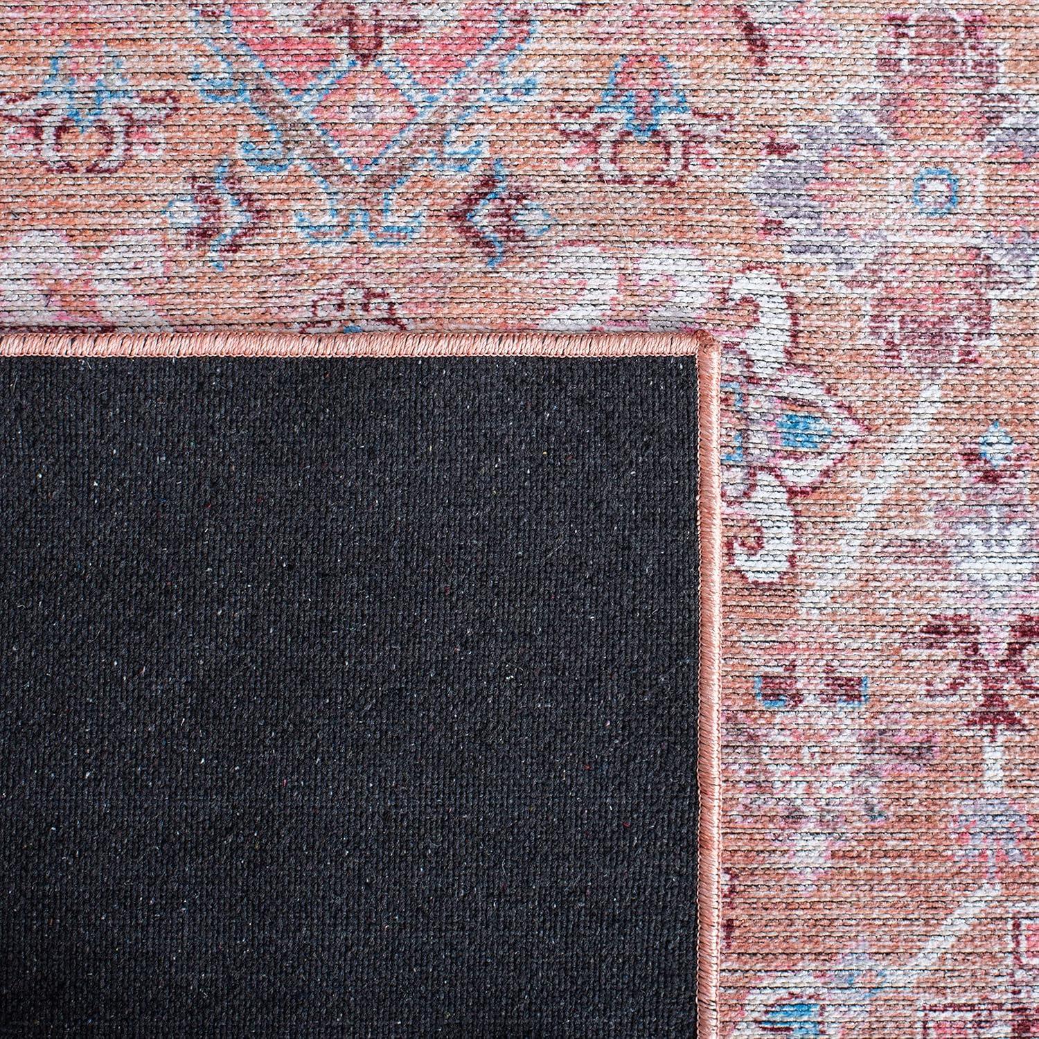 Beige and Pink Square Washable Viscose Chenille Rug