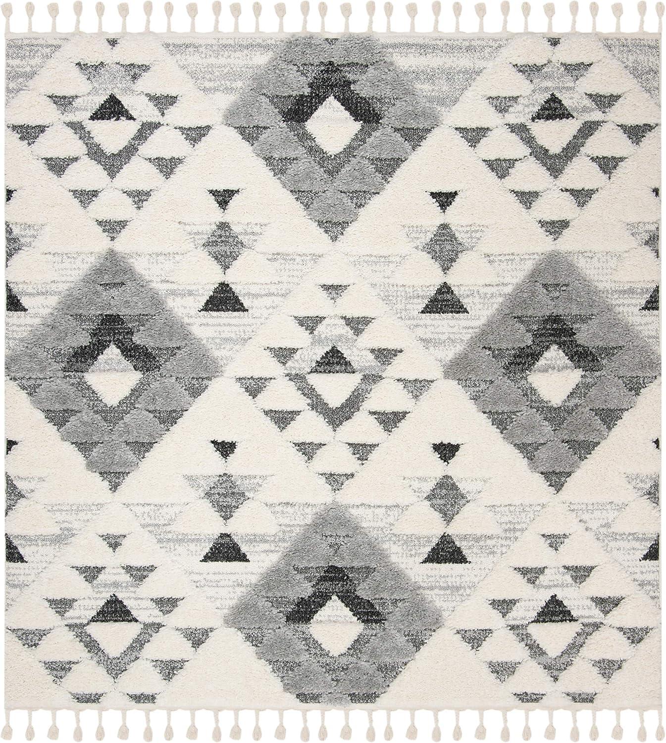 SAFAVIEH Moroccan Tassel Larry Geometric Shag Area Rug, Ivory/Grey, 10' x 10' Square