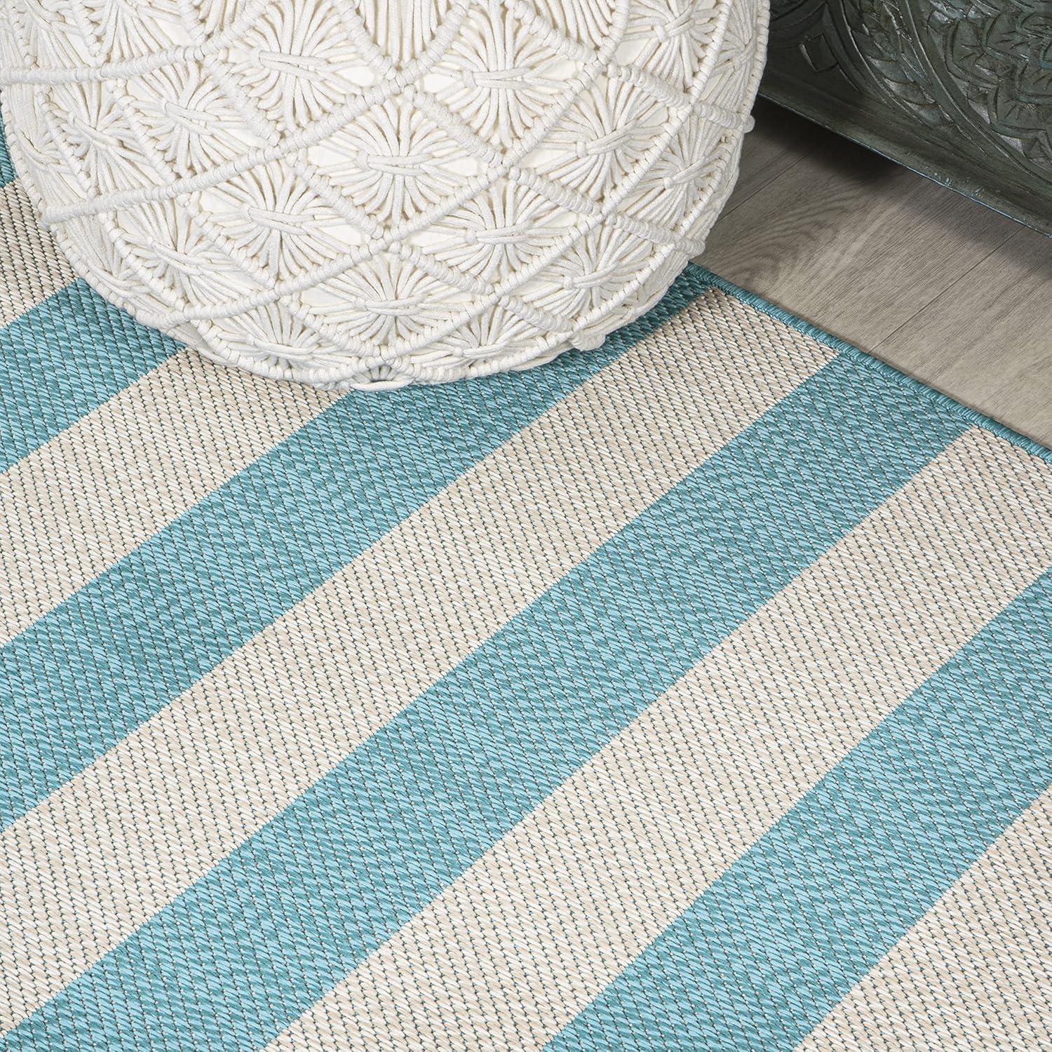 Aqua and Cream Wide Stripe Synthetic Indoor/Outdoor Rug 3x5