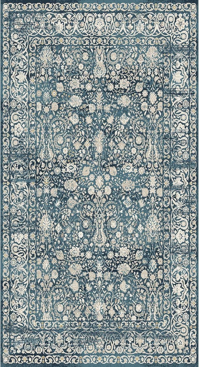 Blue and Ivory Rectangular Synthetic Oriental Rug 63" x 39"