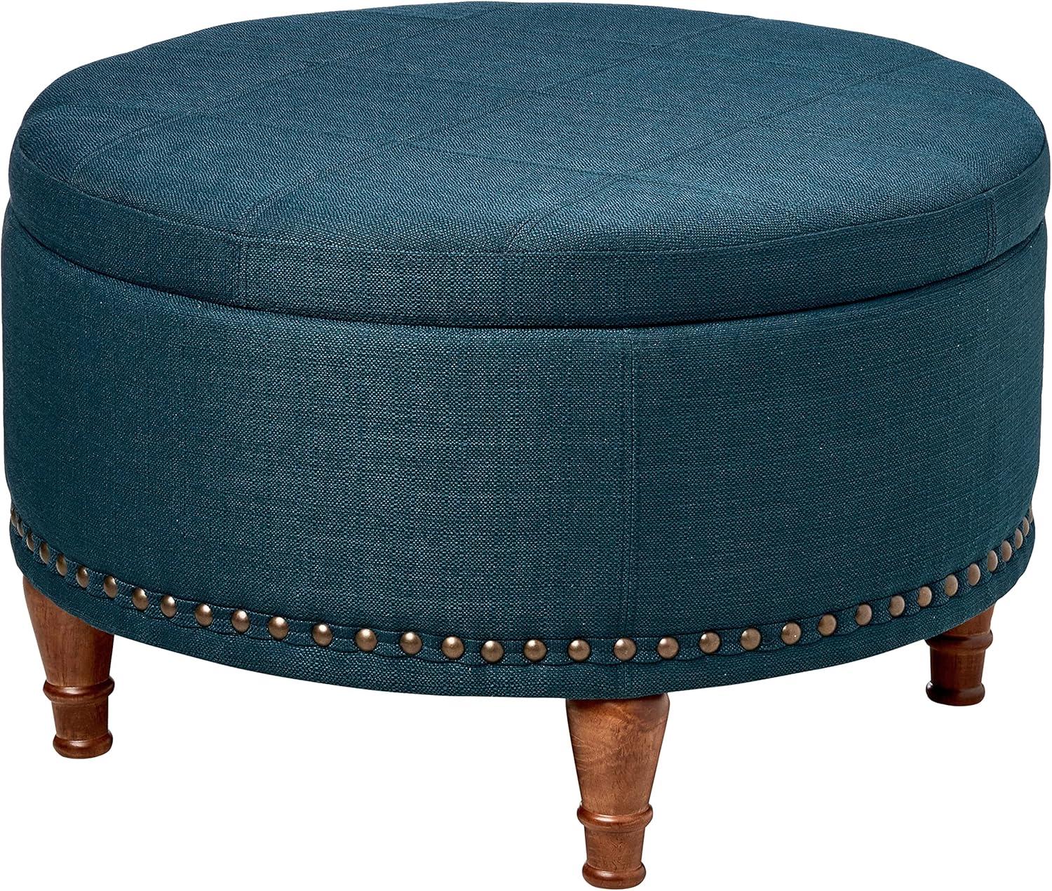 OSP Home Furnishings Alloway Storage Ottoman in Azure Fabric with Antique Bronze Nailheads