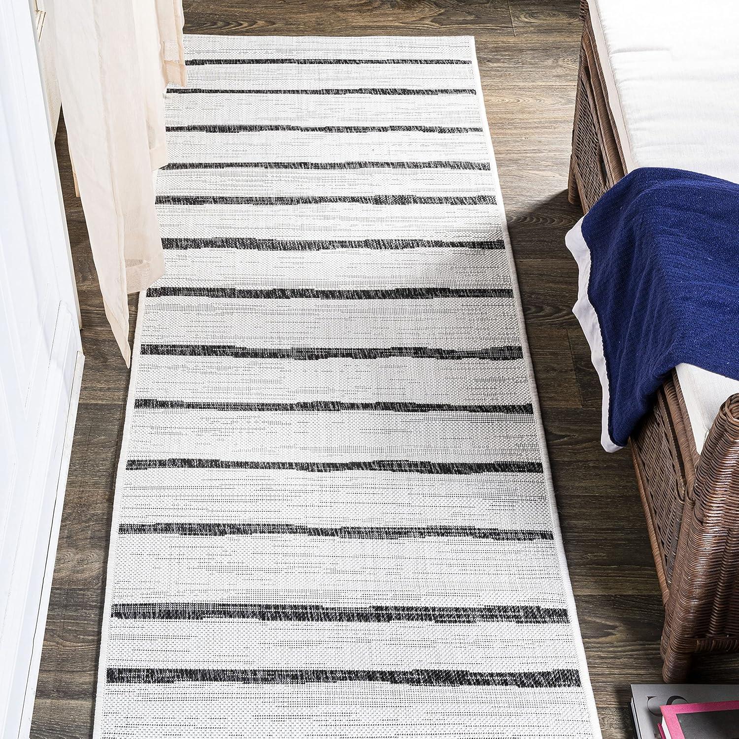 Modern Berber-Inspired Ivory/Black Stripe Synthetic Runner Rug 2x8