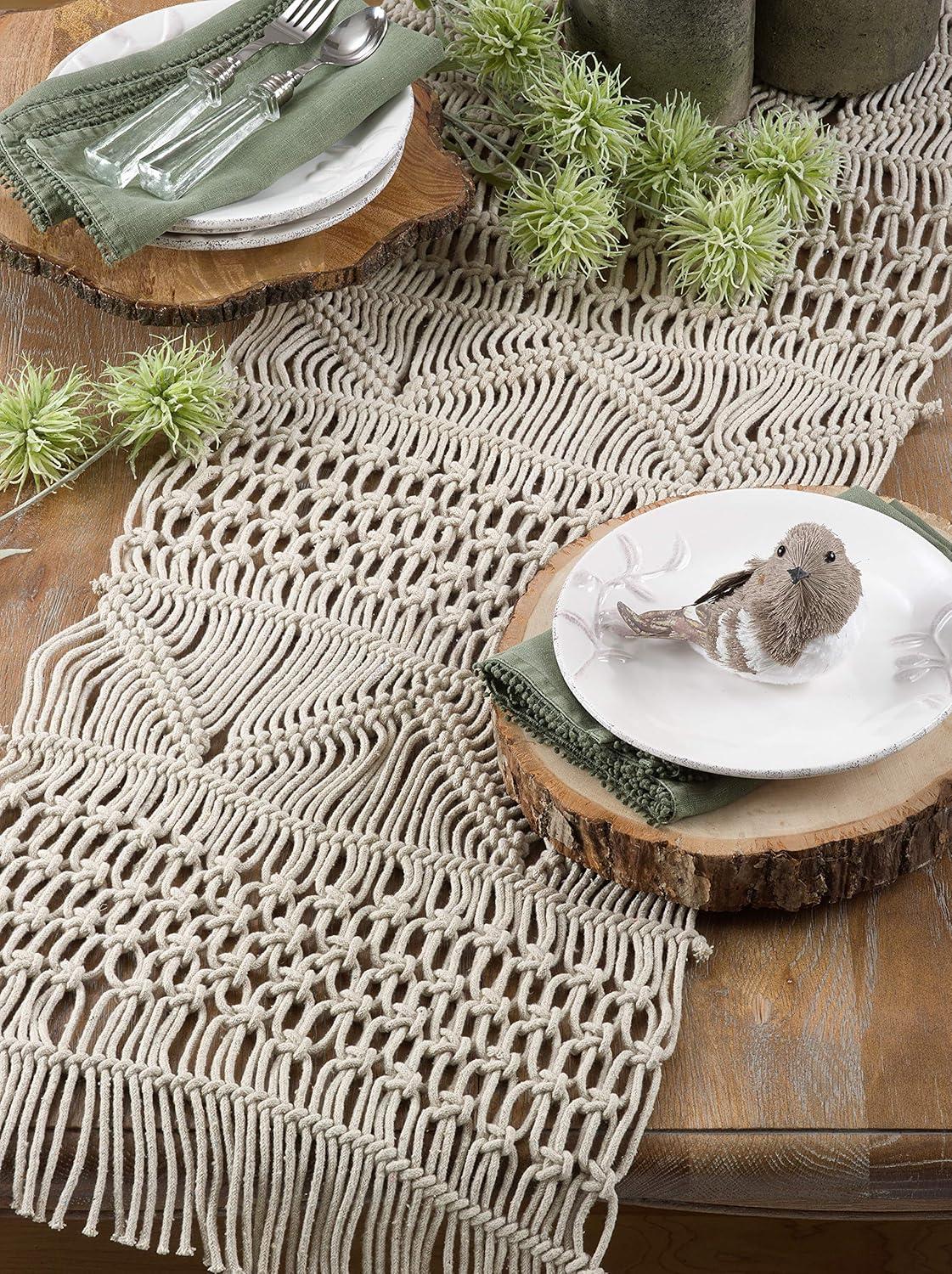 Natural Cotton Macramé Fringe Table Runner, 16" x 72"