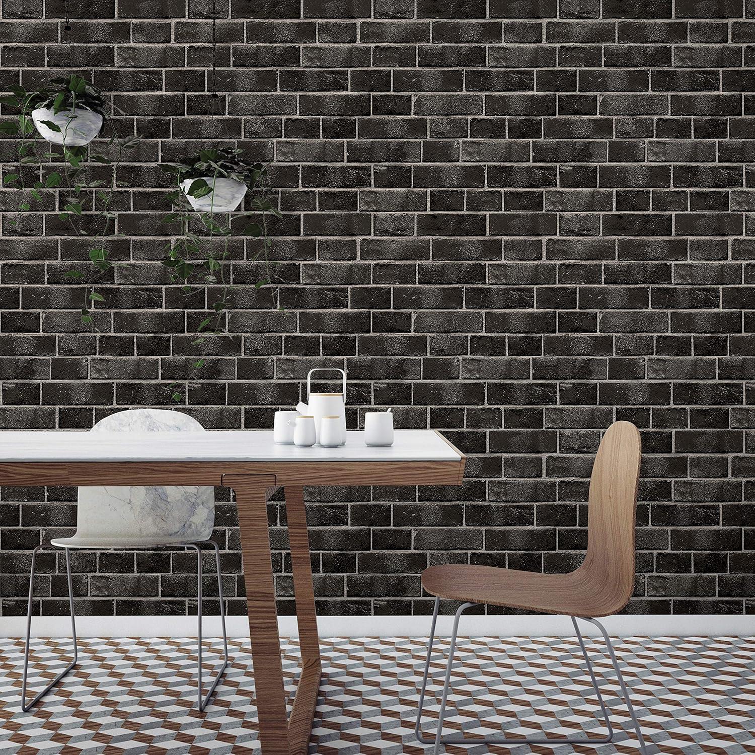 Tempaper & Co.® Brick Removable Peel and Stick Wallpaper, Ebony Brick, 28 sq ft: Faux Sticky Vinyl, Classic Pattern