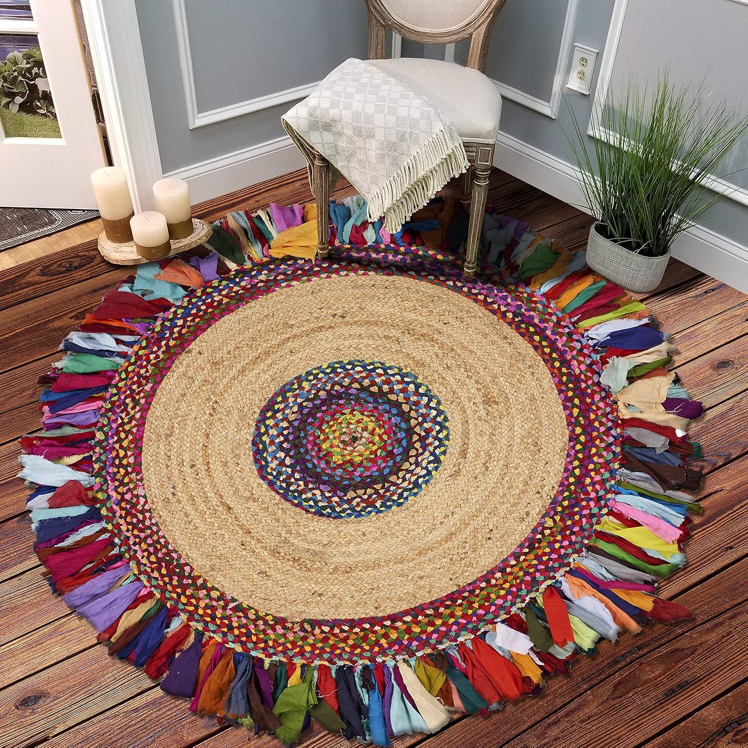 Bohemian Blue Chenille-Cotton 42" Round Braided Area Rug