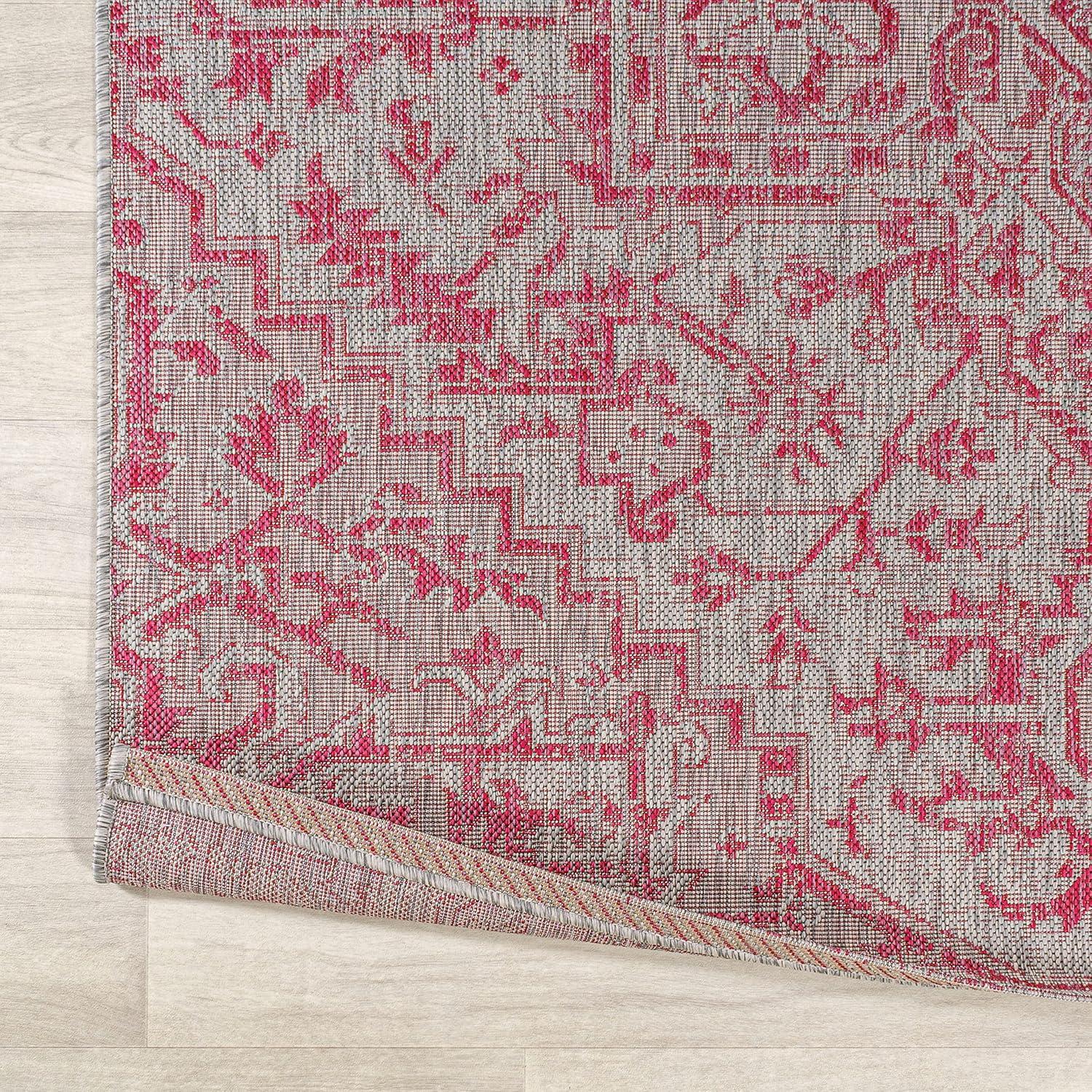 4' x 6' Estrella Bohemian Medallion Textured Weave Indoor/Outdoor Area Rug, Light Gray/Fuchsia - JONATHAN Y