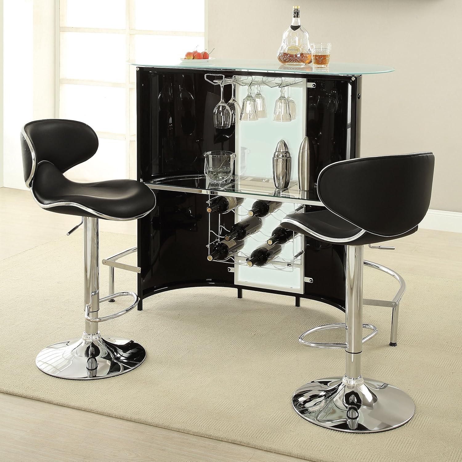 Coaster Company Kidney-Shaped Bar Unit with Frosted Glass Top and Chrome Footrest, Black / White