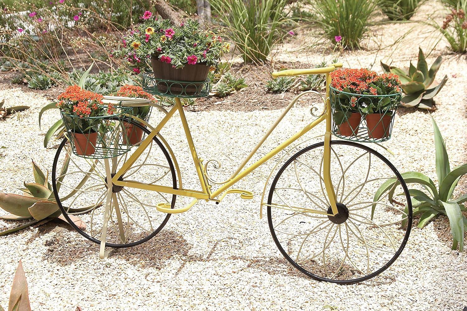 32" Traditional Iron Novelty Bicycle Plant Stand Yellow - Olivia & May: Metal Planter Pedestal, Weather-Resistant