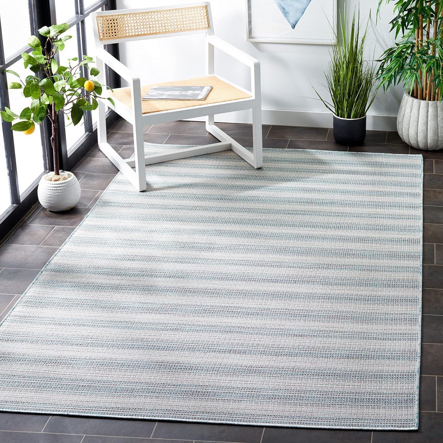 Aqua and Ivory Hand-Knotted Wool Rectangular Rug