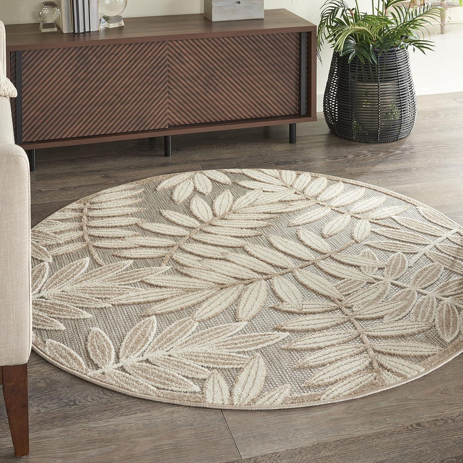 Nourison Aloha Floral Leaf Flatweave High-Low Indoor Outdoor Round Rug Natural 5'3" x 5'3"