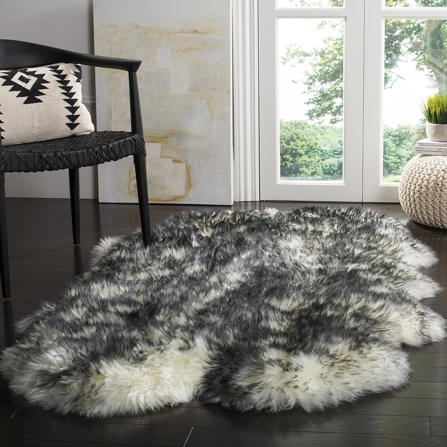 SAFAVIEH Sheep Skin Tiana Sheep Skin Area Rug, Ivory/Dark Charcoal, 3'7" x 5'11" Specialty