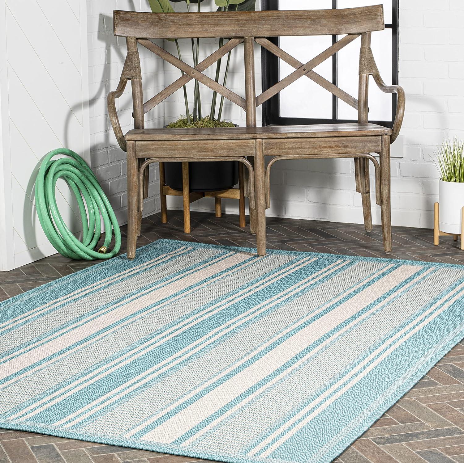 3' x 5' Haynes Modern Double Stripe Indoor/Outdoor Area Rug, Aqua/Beige - JONATHAN Y