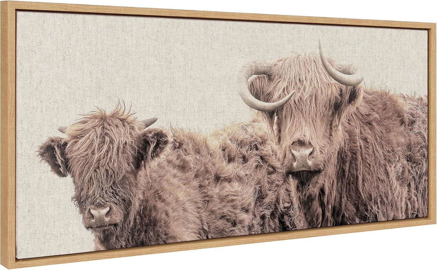 Natural Framed Canvas Wall Art with Highland Cows, 18x40