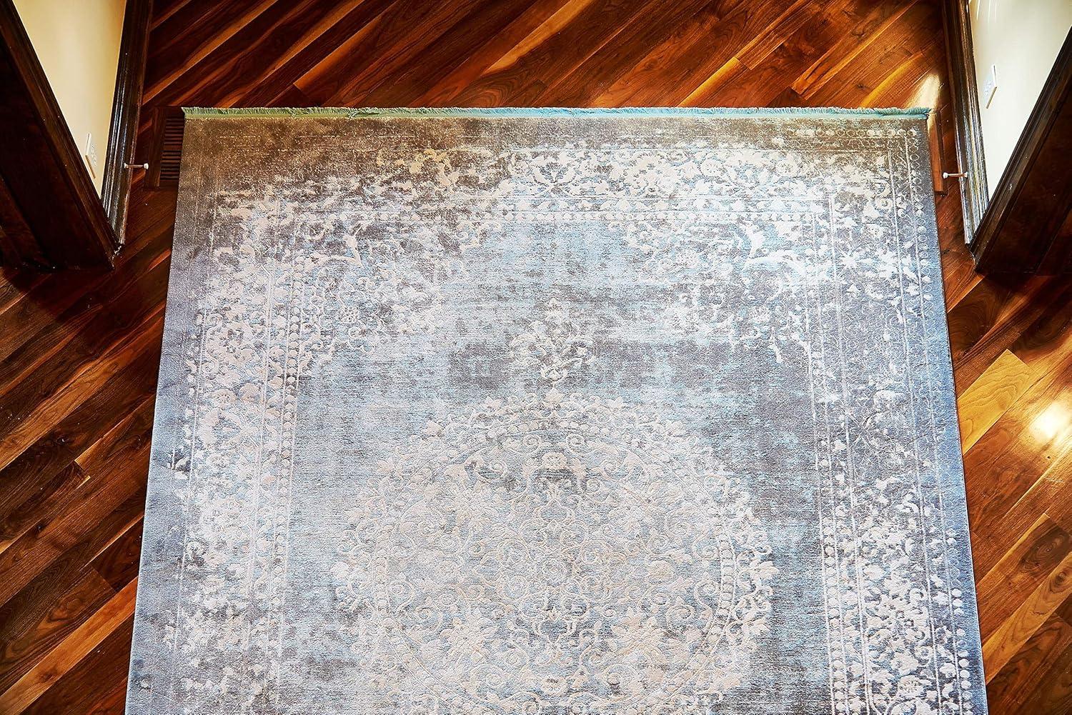 Abstract Light Blue Synthetic Rectangular Easy-Care Rug