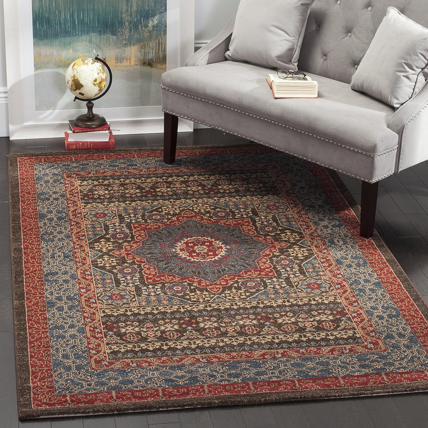 Safavid Style Red and Blue Synthetic Rectangular Rug