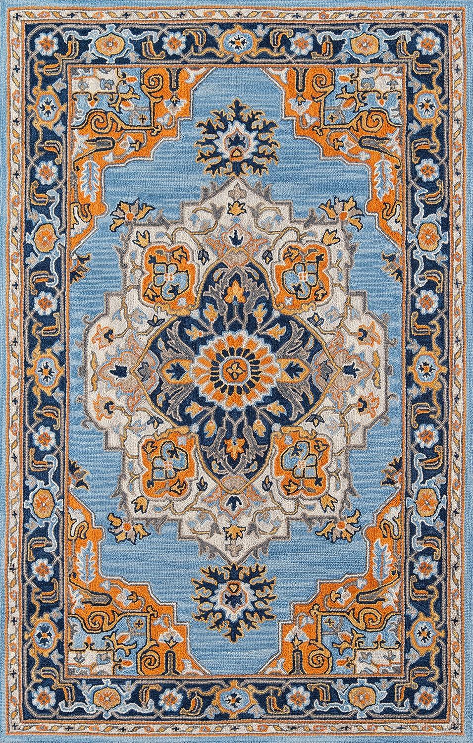 Momeni  Ibiza Hand-tufted Traditional Medallion Wool Area Rug Blue 2' x 3' 2' x 3' Indoor,Accent Orange Rectangle