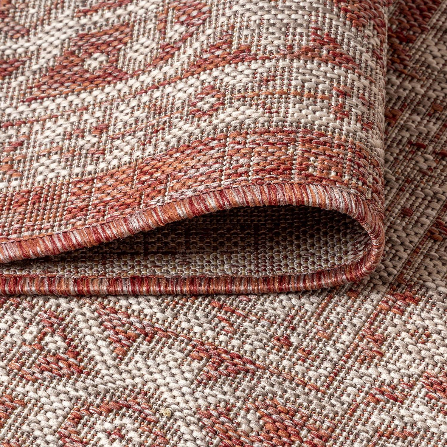 5' Square Sinjuri Medallion Textured Weave Indoor/Outdoor Area Rug, Red/Taupe - JONATHAN Y