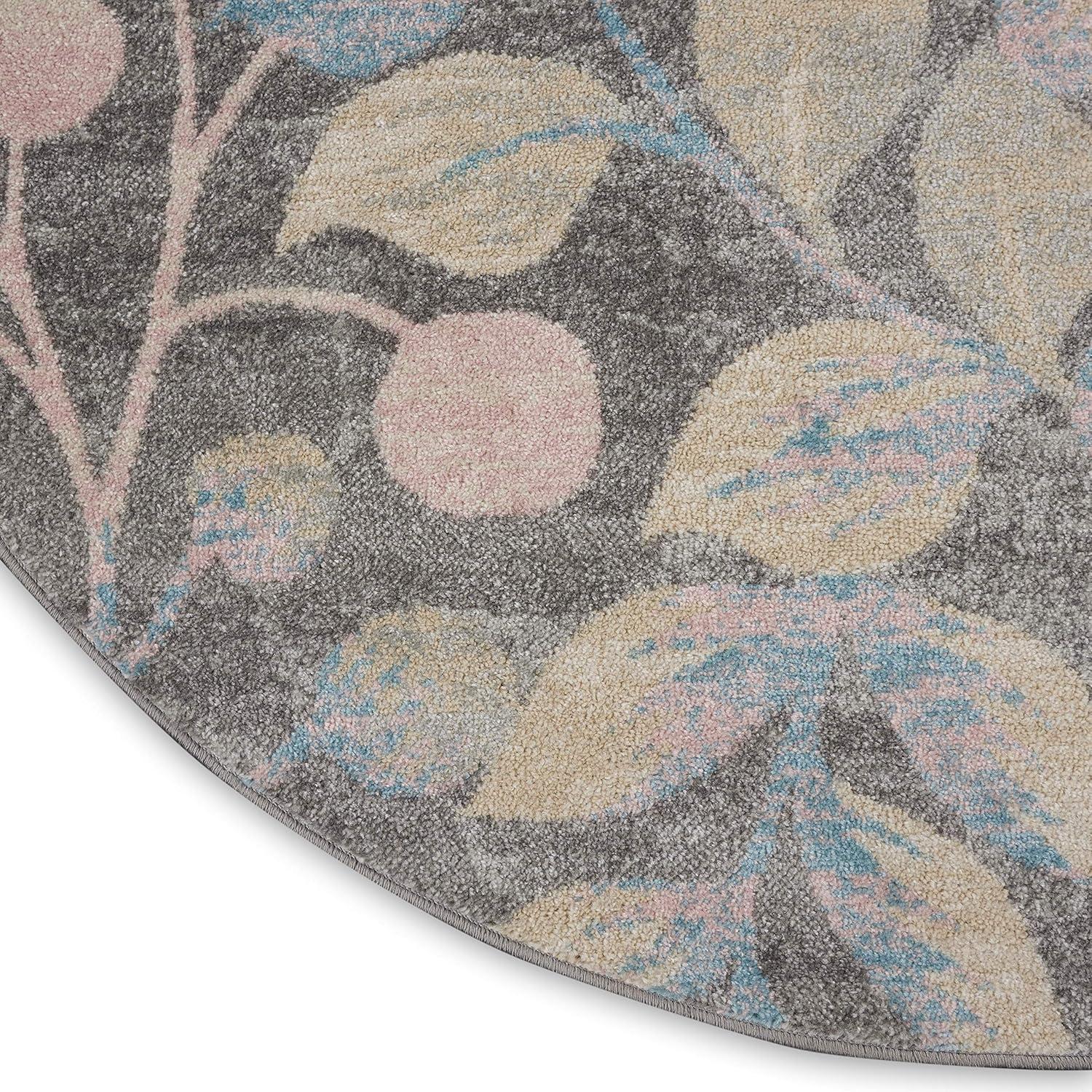Nourison Tranquil 5'3" X ROUND (5' Round) Grey/Beige Area Rug Contemporary Botanical Vine and Bloom by Nourison