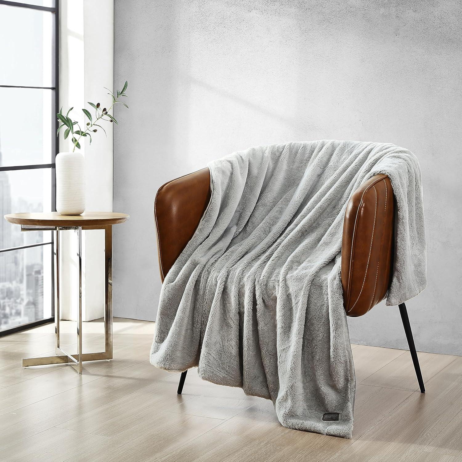 Kenneth Cole Reaction Faux Fur Throw Blanket Faux Fur (Solid -Grey)-50" X 60"