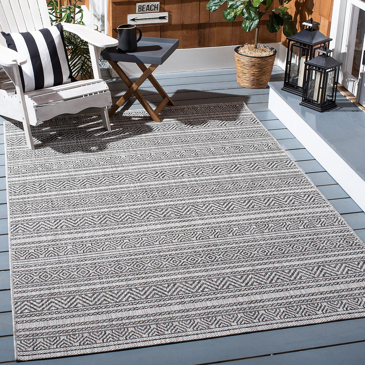 Elegant Black and Grey Synthetic 9' x 12' Indoor/Outdoor Area Rug