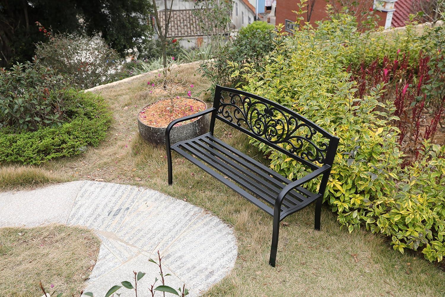 Gardenised Black Patio Garden Park Yard 50" Outdoor Steel Bench Powder Coated with Cast Iron Back