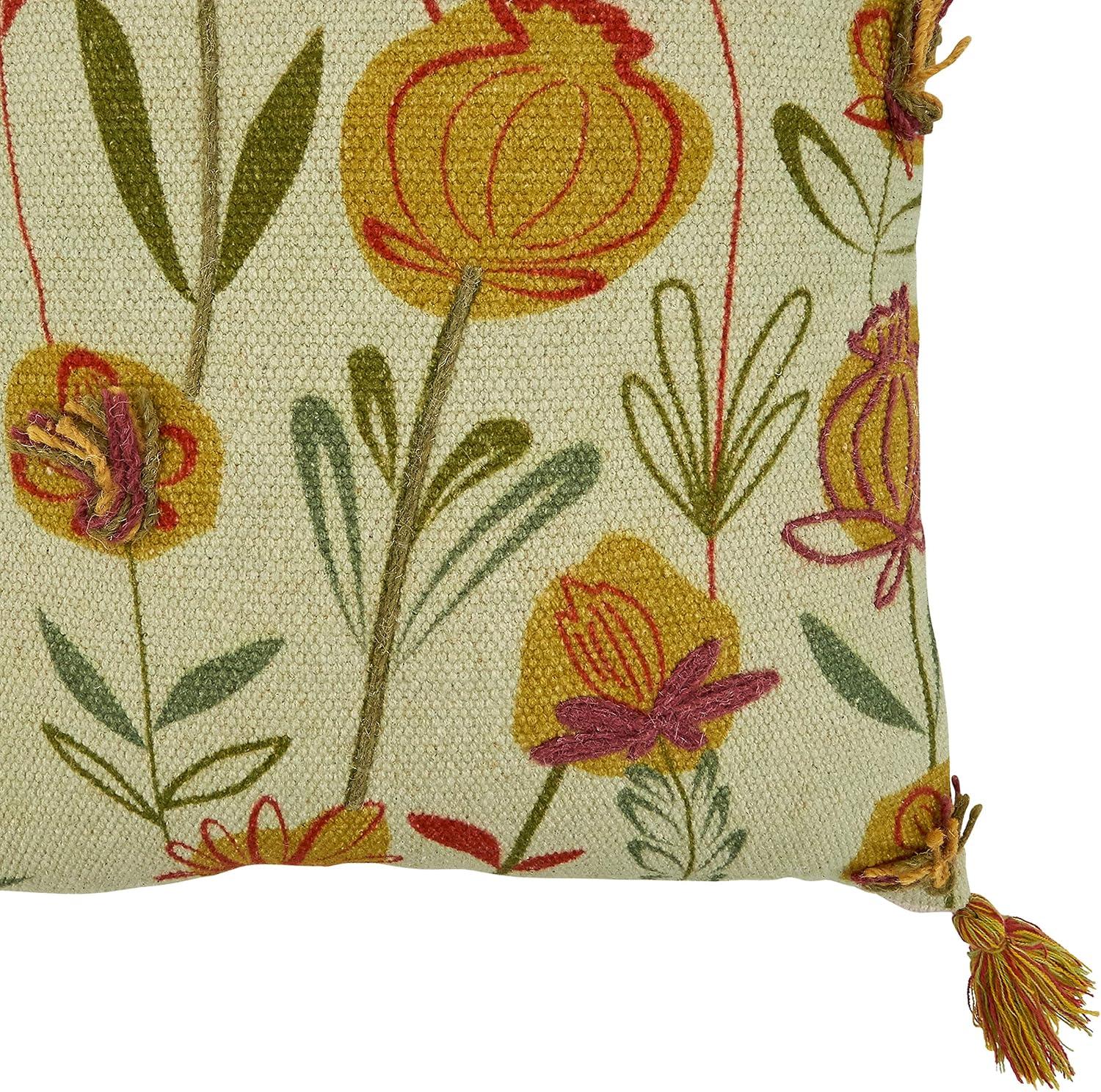 Green Cotton Embroidered Floral Throw Pillow Cover